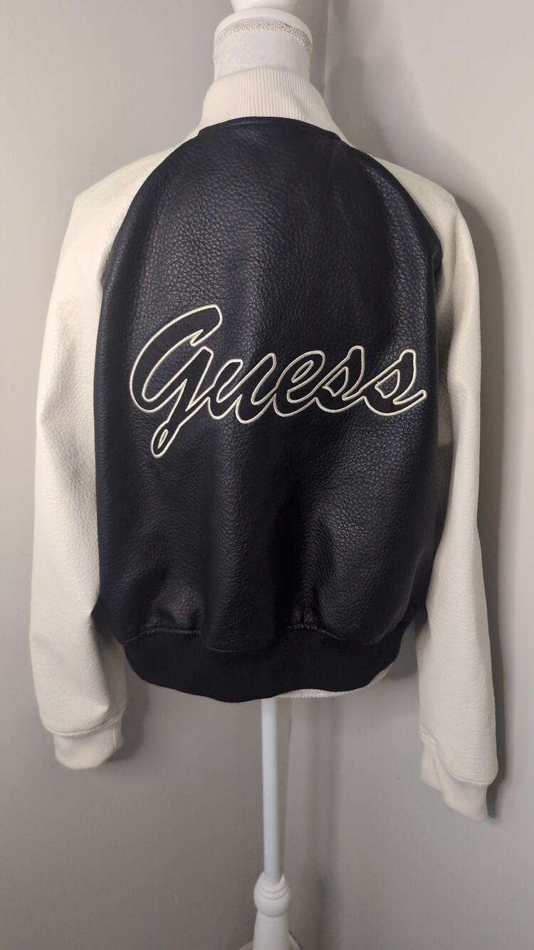 GUESS Black & White Faux Leather Varsity Bomber Jacket XL